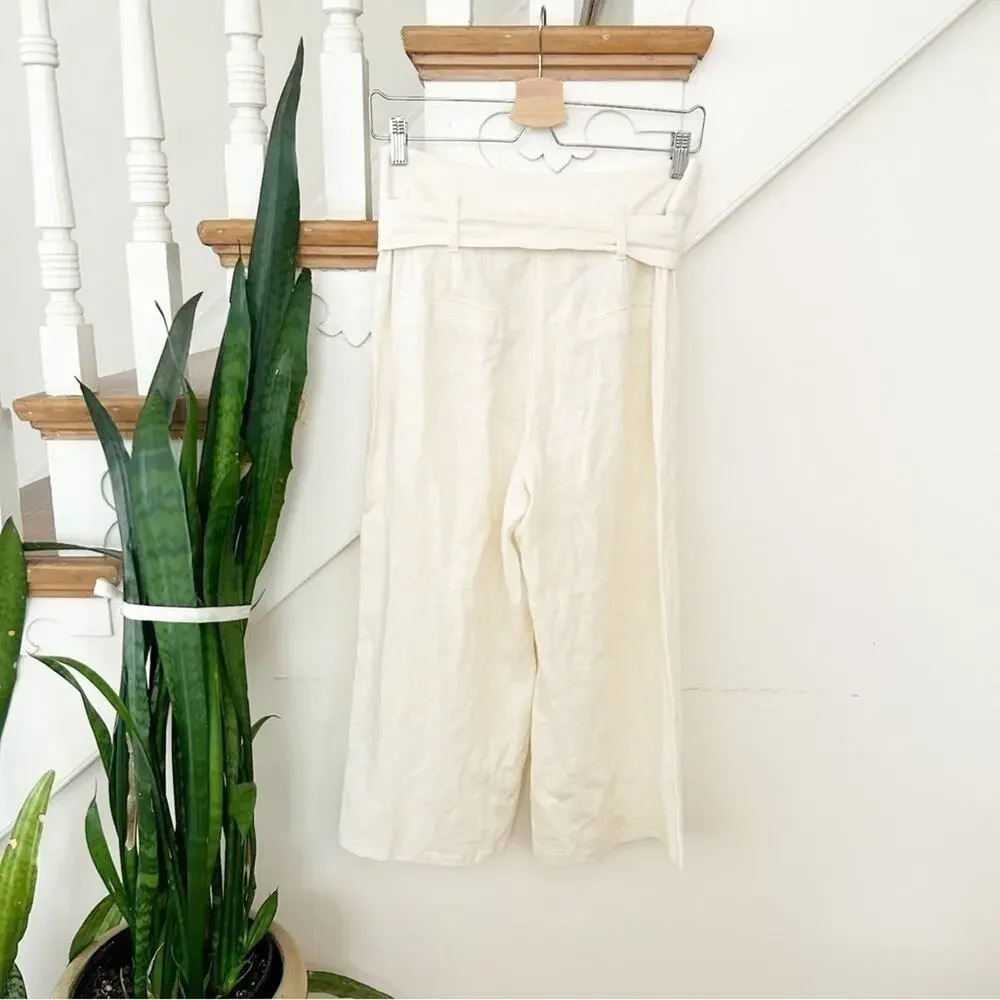 June & Hudson Ivory Belted Wide Leg Linen Blend Crop Pants Size Medium